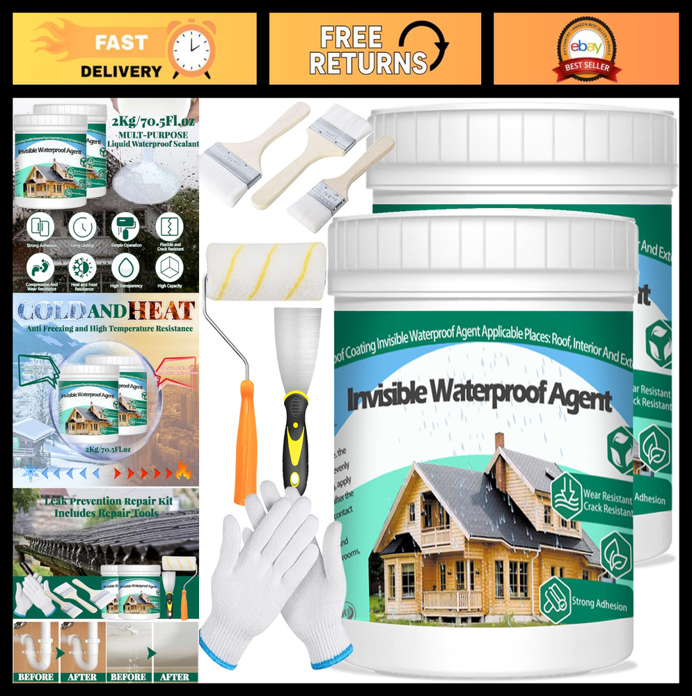 2Kg Waterproof Coating Set – Transparent Liquid Sealant, Brush, Gloves & Roller