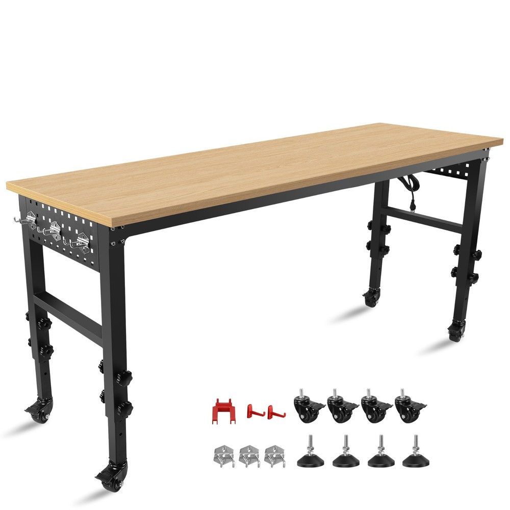 Adjustable Heavy Duty Workbench 72&Prime; 2000LBS Rubberwood Top Power Outlets Garage