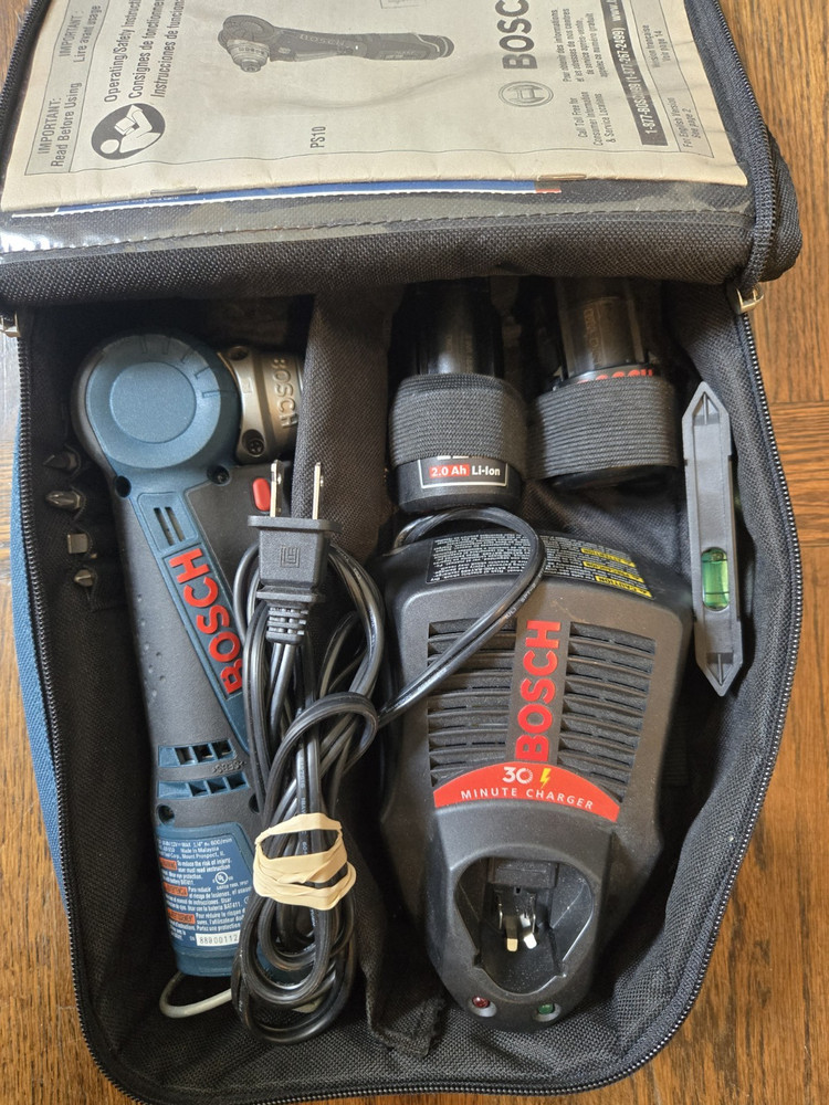 Bosch PS10 10.8V Right Angle Drill Kit w/ 2 Battery&rsquo;s, Charger, Manuals, Bag