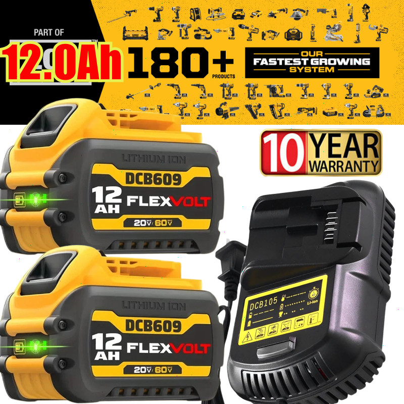 2Pack 12.0Ah for Dewalt FLEXVOLT 20V/60V MAX Battery and Charger DCB609 DCB606-2