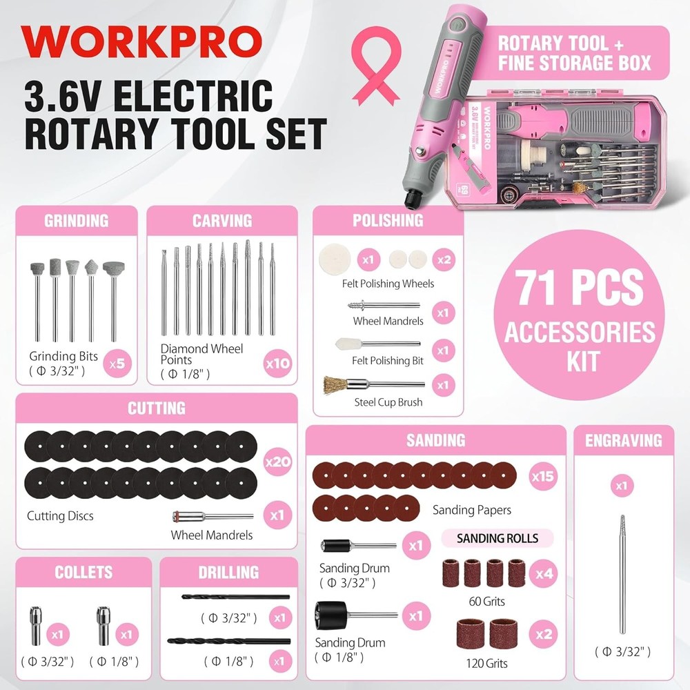 WORKPRO Cordless Rotary Tool Kit with 71pcs Accessories 3 Variable Speeds Pink