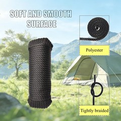 1/4 Inch 100 FT Polyester Black Solid Braid Rope High UV and Abrasion Resista…