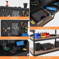 GARVEE Workbench Table 48&Prime; Tool Storage with Pegboard, Power Station, Drawers