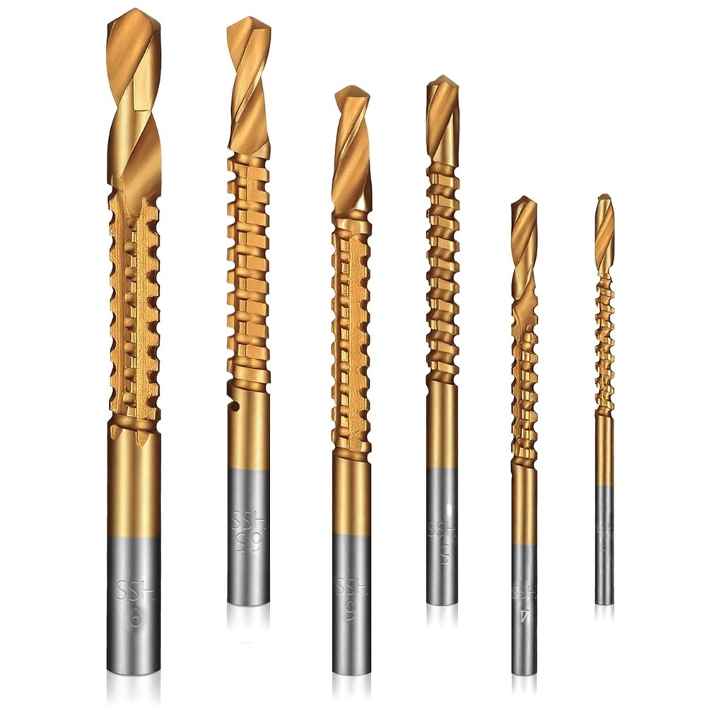 6 Pack Titanium Coated HSS Twist Drill Bits, 3-10Mm Serrated Side Cutting Drill