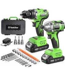 TaskStar 21V Brushless Cordless Drill Impact Driver Combo Kit 2 Batteries Case