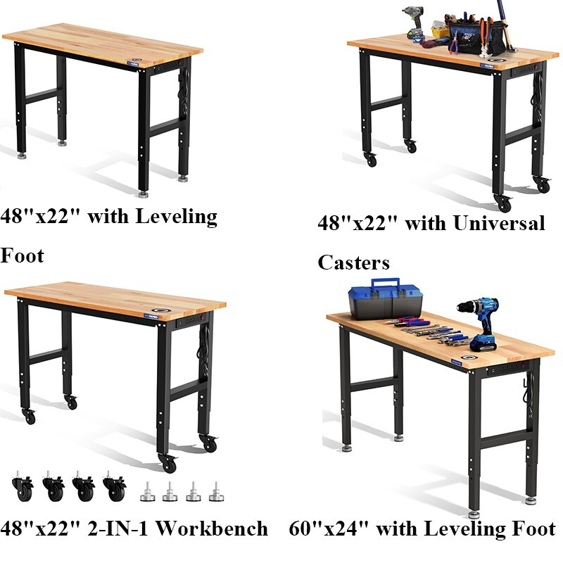 WORKPRO Adjustable Garage Workbench 48&Prime;X22&Prime;/60 »x24  »Rubber Wood Top Heavy-Duty