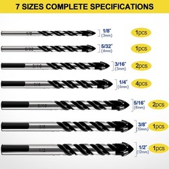 2PCS Masonry Drill Bit Set 1/8 to 1/2 inch Glass Tile Brick Cement Wood Plas…