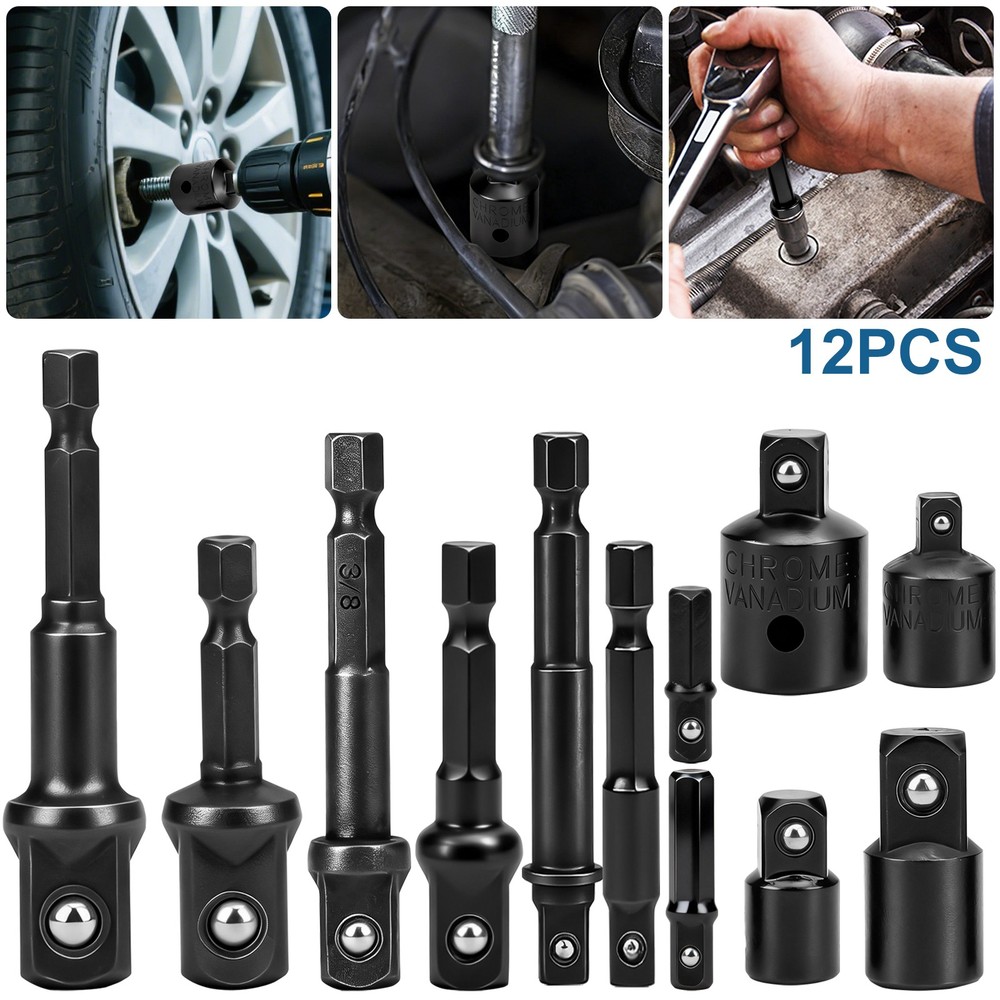 12x Impact Socket Adapter & Reducer Set 1/4 3/8 1/2&Prime; Hex Shank for Drill Driver
