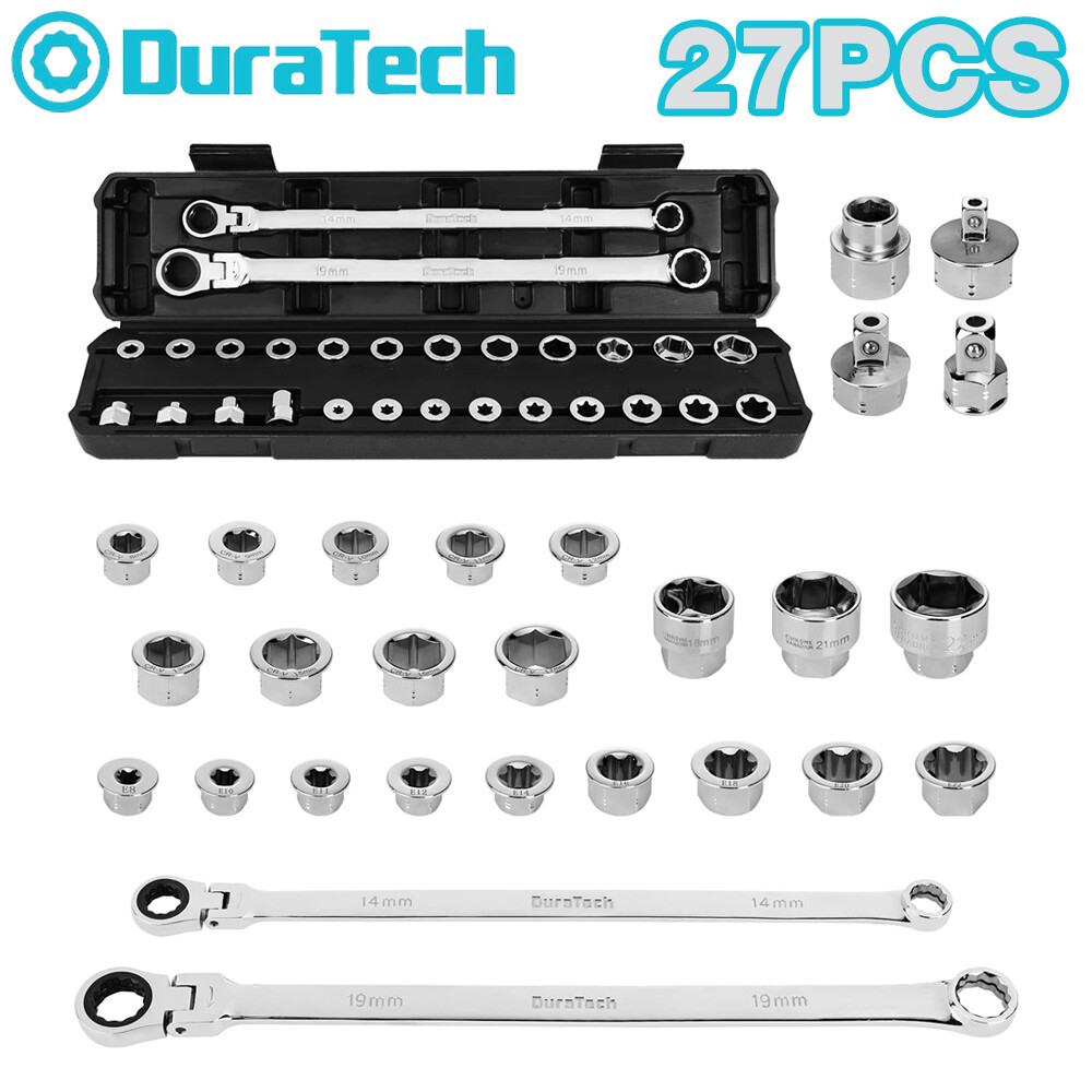 DURATECH 27PCS Extra Long Flex Head Ratcheting Wrench Set 8-22mm Socket Adapters